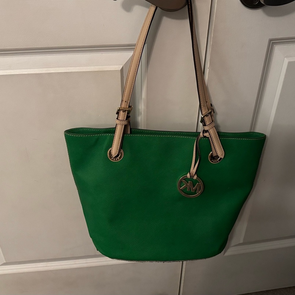Michael Kors Emerald Green Tote with Tan Straps